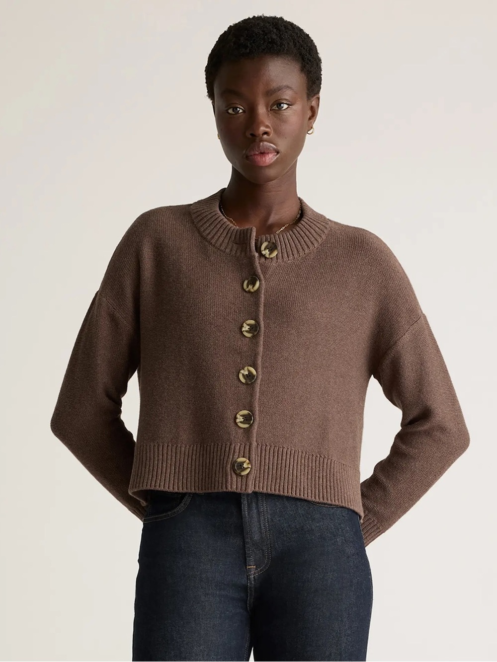 Quince 100% Organic Cotton Cropped Cardigan Heather Brown Size XL - Picture 12 of 12